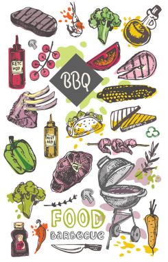 Büyük elle çizilmiş doodle Barbekü Seti. Barbekü gıda