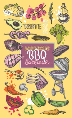 Büyük elle çizilmiş doodle Barbekü Seti. Barbekü gıda