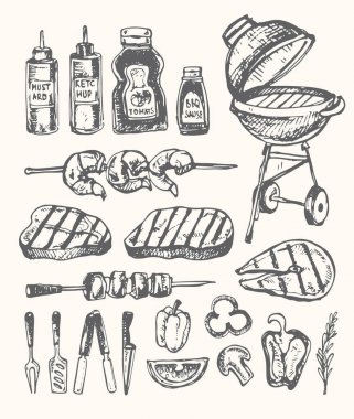 Büyük elle çizilmiş doodle Barbekü Seti. Barbekü gıda