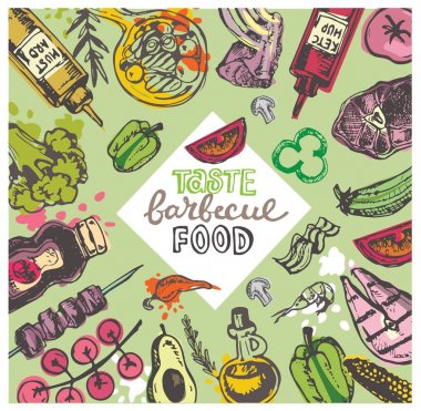 Büyük elle çizilmiş doodle Barbekü Seti. Barbekü gıda