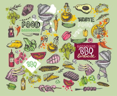 Büyük elle çizilmiş doodle Barbekü Seti. Barbekü gıda
