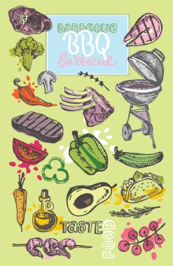 Büyük elle çizilmiş doodle Barbekü Seti. Barbekü gıda