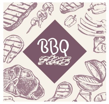 Büyük elle çizilmiş doodle Barbekü Seti. Barbekü gıda