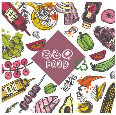 Büyük elle çizilmiş doodle Barbekü Seti. Barbekü gıda