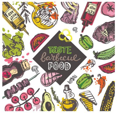Büyük elle çizilmiş doodle Barbekü Seti. Barbekü gıda
