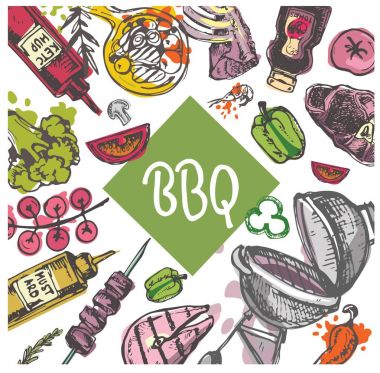 Büyük elle çizilmiş doodle Barbekü Seti. Barbekü gıda
