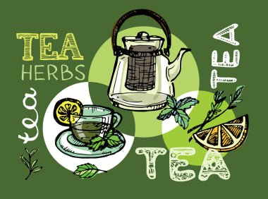 Çay saati koleksiyonu el çekilmiş. Kupası ve çaydanlık. Vektör çizim.