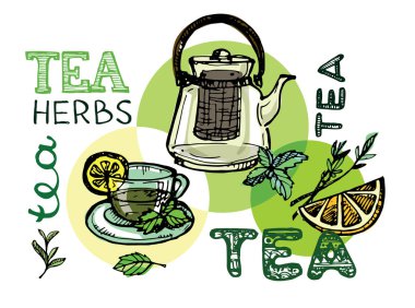 Çay saati koleksiyonu el çekilmiş. Kupası ve çaydanlık. Vektör çizim.