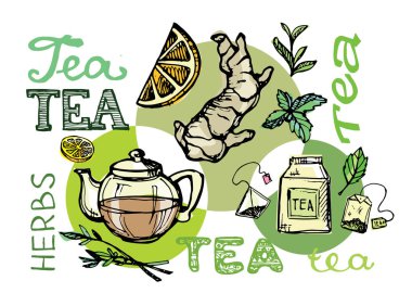 Çay saati koleksiyonu el çekilmiş. Kupası ve çaydanlık. Vektör çizim.