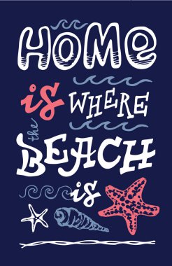 Kavram poster. Elle çizilmiş doodle deniz illüstrasyon. Plaj nerede evim.