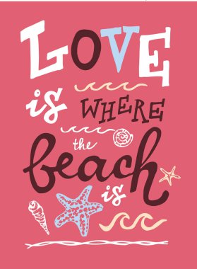 Kavram poster. Elle çizilmiş doodle deniz illüstrasyon. Plaj nerede aşktır.