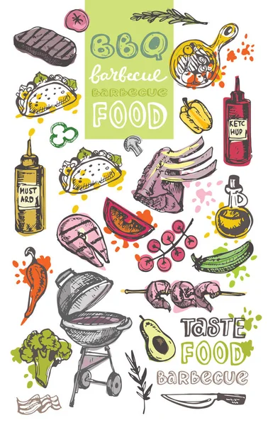Büyük elle çizilmiş doodle Barbekü Seti. Barbekü gıda