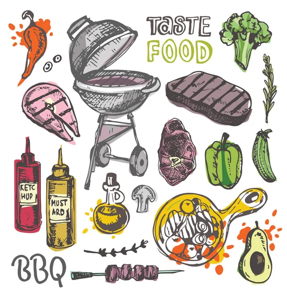 Velký ručně kreslenou doodle grilovací sada. BBQ potraviny — Stockový vektor