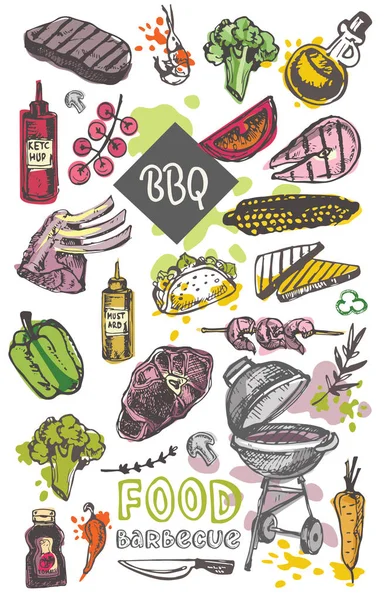 Büyük elle çizilmiş doodle Barbekü Seti. Barbekü gıda