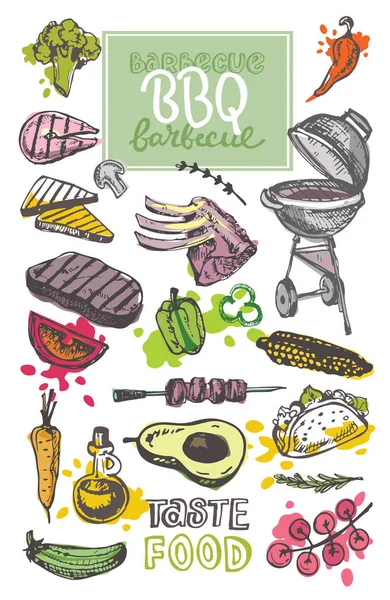 Stor Hand dras doodle grill uppsättning. BBQ mat — Stock vektor