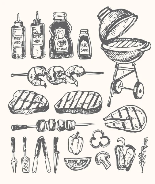 Big Hand disegnato doodle barbecue set. Cibo barbecue — Vettoriale Stock