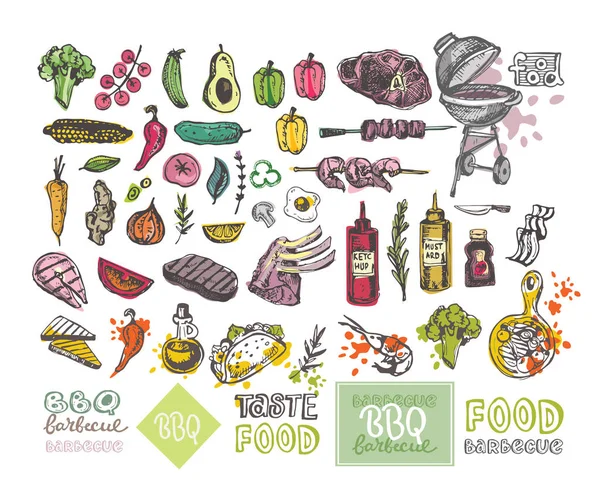 Büyük elle çizilmiş doodle Barbekü Seti. Barbekü gıda