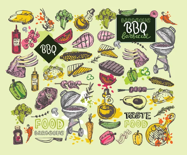 Velký ručně kreslenou doodle grilovací sada. BBQ potraviny — Stockový vektor