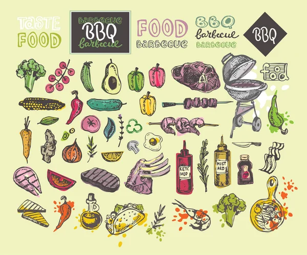 Büyük elle çizilmiş doodle Barbekü Seti. Barbekü gıda