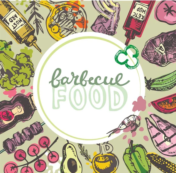Büyük elle çizilmiş doodle Barbekü Seti. Barbekü gıda