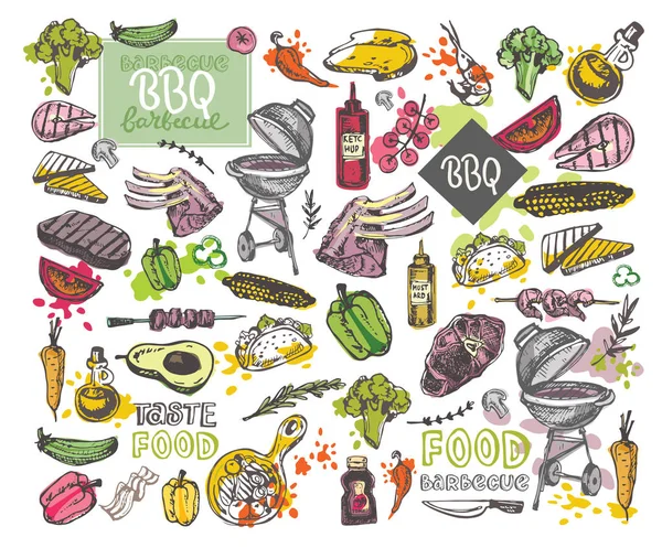 Büyük elle çizilmiş doodle Barbekü Seti. Barbekü gıda