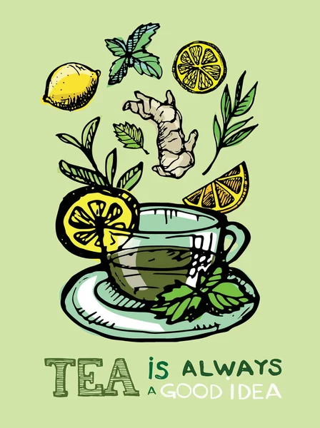 Handgezeichnete Teezeitsammlung. Tasse und Teekanne vorhanden. Vektorillustration. — Stockvektor