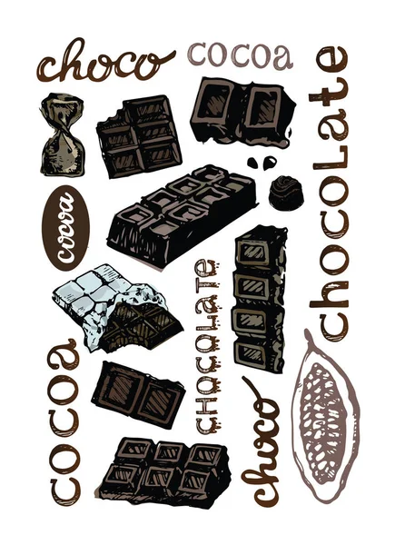 Cacau de doodle desenhado à mão e chocolate. Cacau . — Vetor de Stock