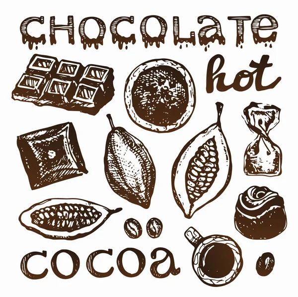 Cacau de doodle desenhado à mão e chocolate. Cacau . — Vetor de Stock