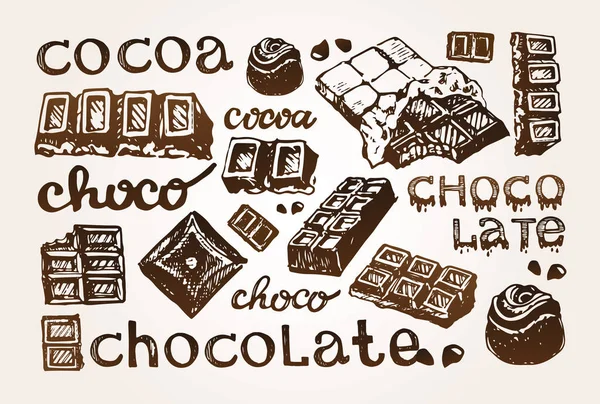 Cacau de doodle desenhado à mão e chocolate. Cacau . — Vetor de Stock
