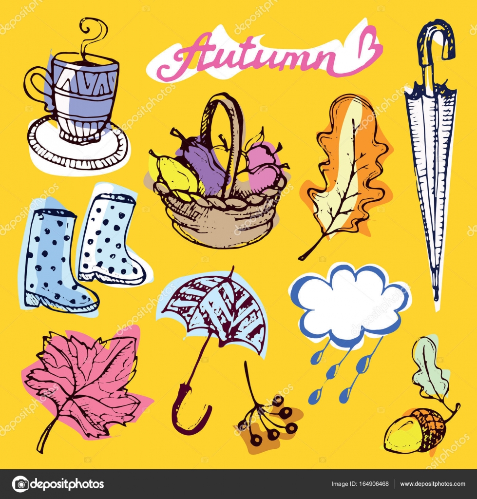 Sonbahar Elle Cizilmis Doodle Kume Vektor Kumesi Farkli Cizilmis