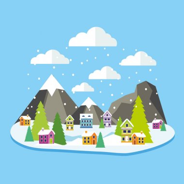 Kış orman manzara evleri ve Noel ağacı ve dağ. Vektör çizim