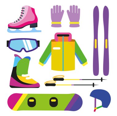 Düz tasarım kış spor konsepti. Kış spor malzemeleri.