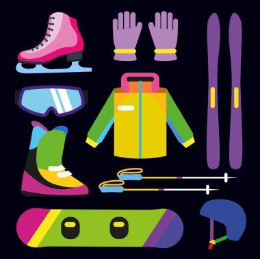 Düz tasarım kış spor konsepti. Kış spor malzemeleri.