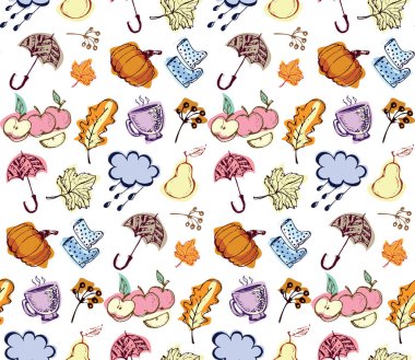 Sonbahar elle çizilmiş doodle küme. Dikişsiz sonbahar vektör desen. Arka plan ile farklı çizilmiş sonbahar öğeleri ver. Vektör çizim