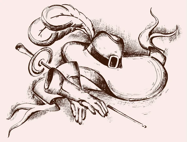 Sombrero dibujado a mano, guantes, espada de mosquetero. Ilustración vectorial . — Archivo Imágenes Vectoriales