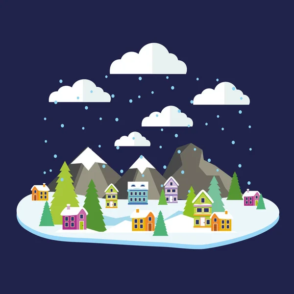 Paisaje forestal invernal con casas y árboles de Navidad y montañas. Ilustración vectorial — Vector de stock