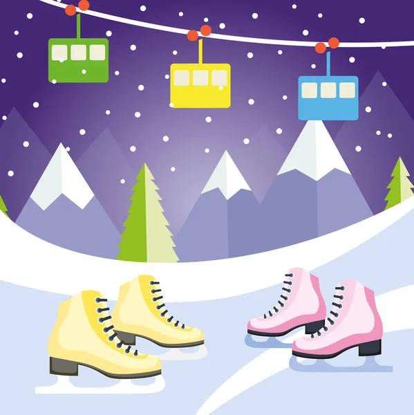 Paisaje invernal retro con patines de figura, montañas. Ilustración vectorial . — Vector de stock