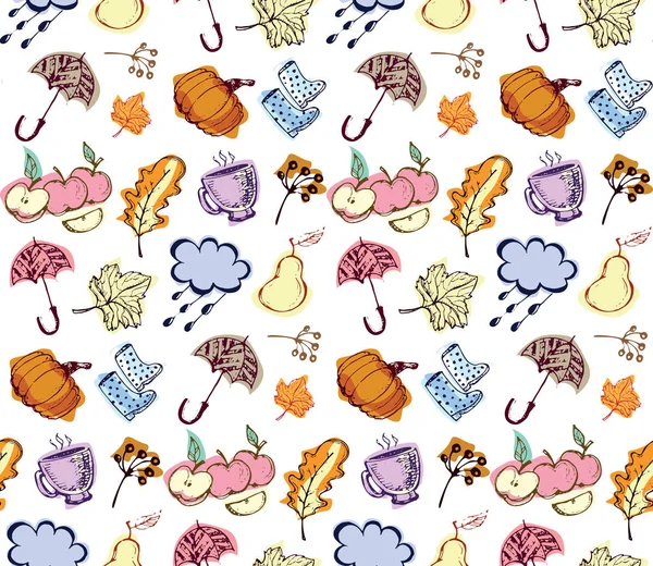 Sonbahar elle çizilmiş doodle küme. Dikişsiz sonbahar vektör desen. Arka plan ile farklı çizilmiş sonbahar öğeleri ver. Vektör çizim