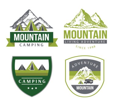 Kamp ve açık etkinlik logosu turizm kuruluşları, açık hava etkinlikleri ve kamp eğlence için. Turizm, yürüyüş ve etiketleri kamp. Elle çizilmiş dağlar. 
