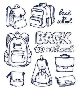 El çizimi Sketch Doodle Sırt çantaları. Sırt çantası, moda sırt çantası. Vektör çizimi. Okula geri dön..