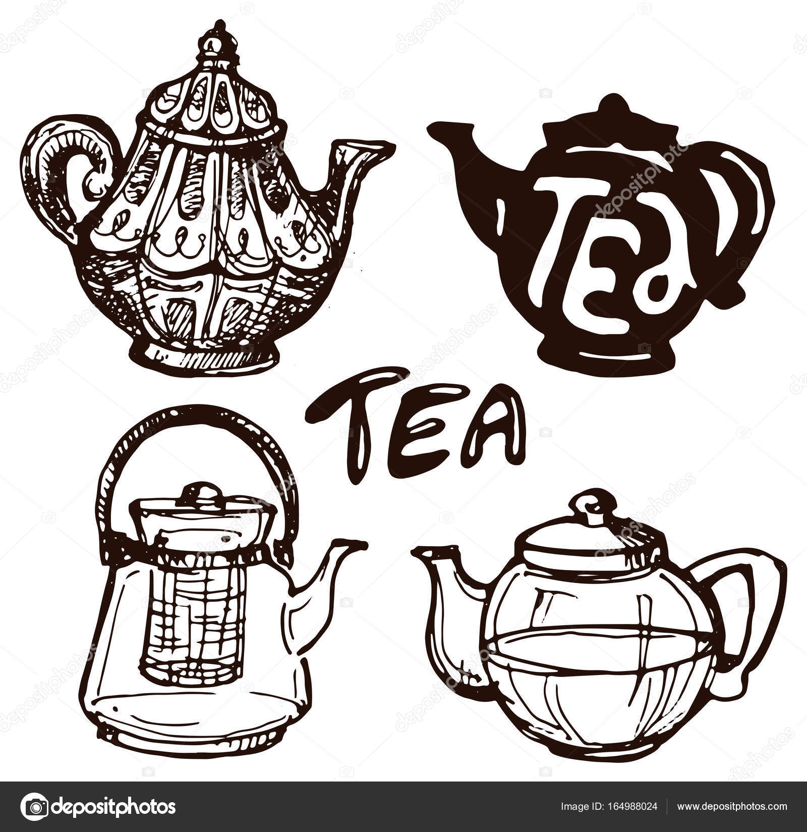 Hand drawn tea time collection. Cup and teapot. Vector