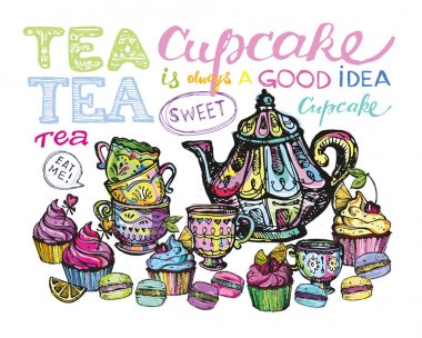 Elle çizilmiş doodle çay bardağı kek ile. Kek ve kurabiye. Vektör çizim.