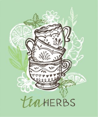 Çay saati koleksiyonu el çekilmiş. Kupası ve çaydanlık. Vektör çizim.