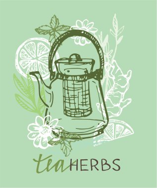 Çay saati koleksiyonu el çekilmiş. Kupası ve çaydanlık. Vektör çizim.