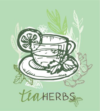 Çay saati koleksiyonu el çekilmiş. Kupası ve çaydanlık. Vektör çizim.