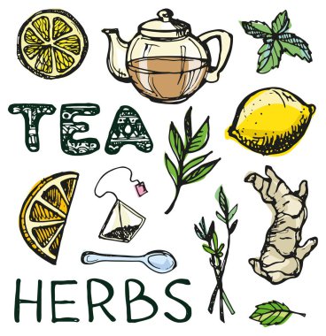 Çay saati koleksiyonu el çekilmiş. Kupası ve çaydanlık. Vektör çizim.