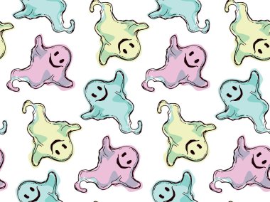 Dikişsiz desen renk arka plan üzerinde sevimli küçük çizgi ghosts of. Çizilmiş vektör çizim el.