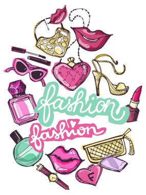 Büyük vektör moda kroki set. Elle çizilmiş grafik dudaklar, parfüm. Glamour moda kroki. Vektör çizim