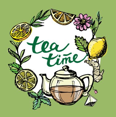 Çay saati koleksiyonu el çekilmiş. Kupası ve çaydanlık. Vektör çizim.