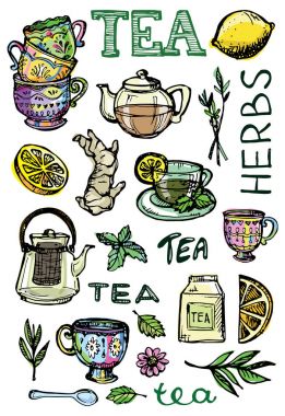 Çay saati koleksiyonu el çekilmiş. Kupası ve çaydanlık. Vektör çizim.